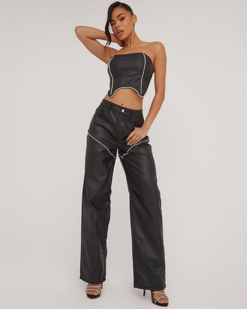 Fold Over Waistband Detail Flared Trousers In Black