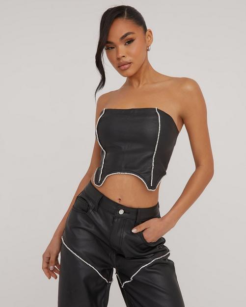 Cross Front Strappy Detail Corset Top In Black Faux Leather