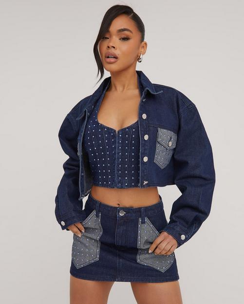 Multi Pocket Detail Zip Front Cropped Jacket In Printed Acid Wash Grey