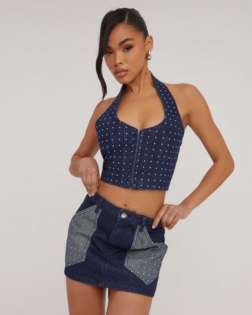 Bandeau Studded Detail Structured Corset Top In Blue Vintage Wash Denim