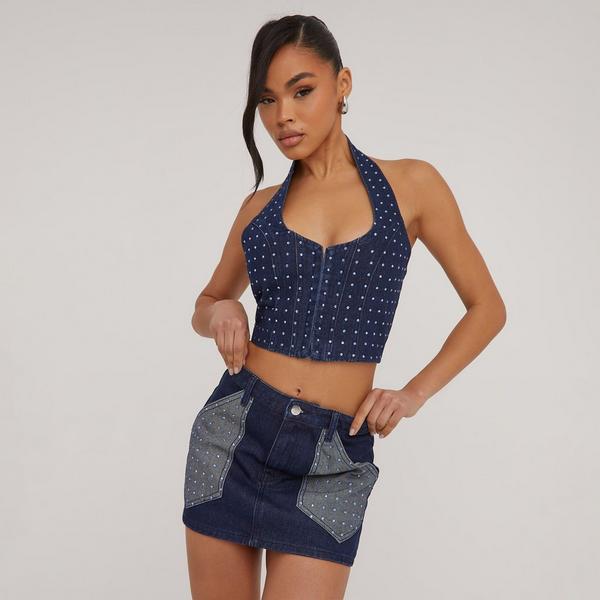 Halterneck Distressed Detail Cupped Bralet In Blue Denim