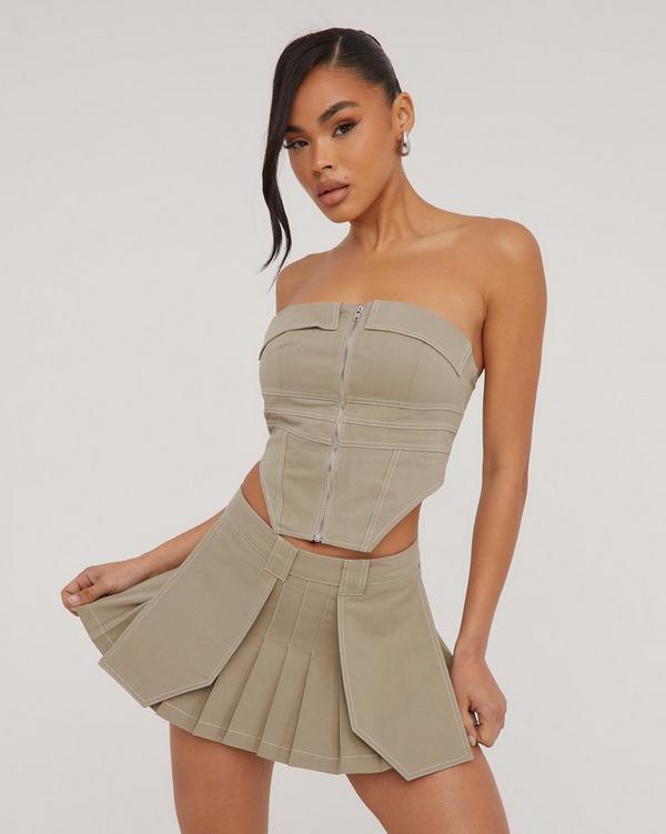 Bandeau Zip Front Detail Corset Top In Stone Woven