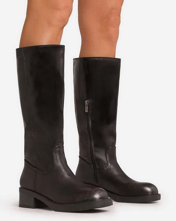 Tessa Distressed Detail Knee High Long Boot In Black Faux Leather