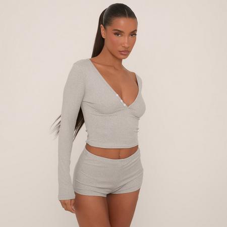 Long Sleeve Button Front Top And Shorts Pyjama Set In Light Grey, Women's Size US