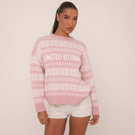 Long Sleeve Snow Bunny Slogan Detail Oversized Christmas Jumper In Pink Fair Isle Knit, Women's Size US