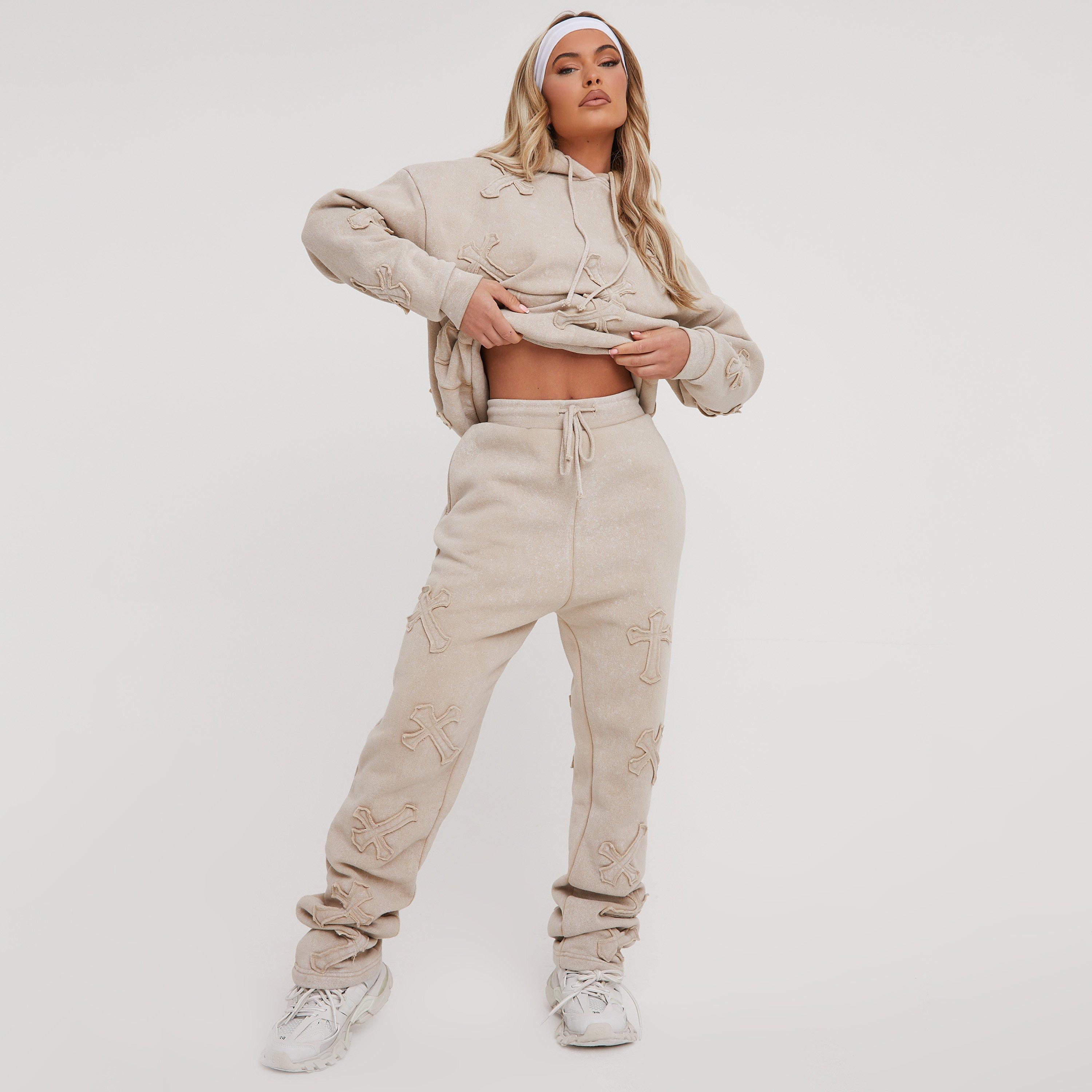 High Waist Cross Patch Detail Oversized Straight Leg Joggers In Acid Wash Stone, Women's Size UK 6