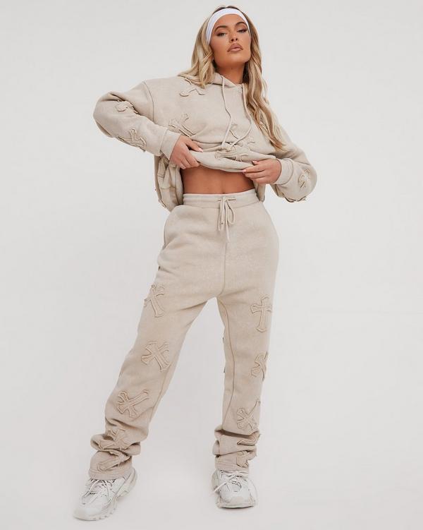 High Waist Cross Patch Detail Oversized Straight Leg Joggers In Acid Wash  Stone