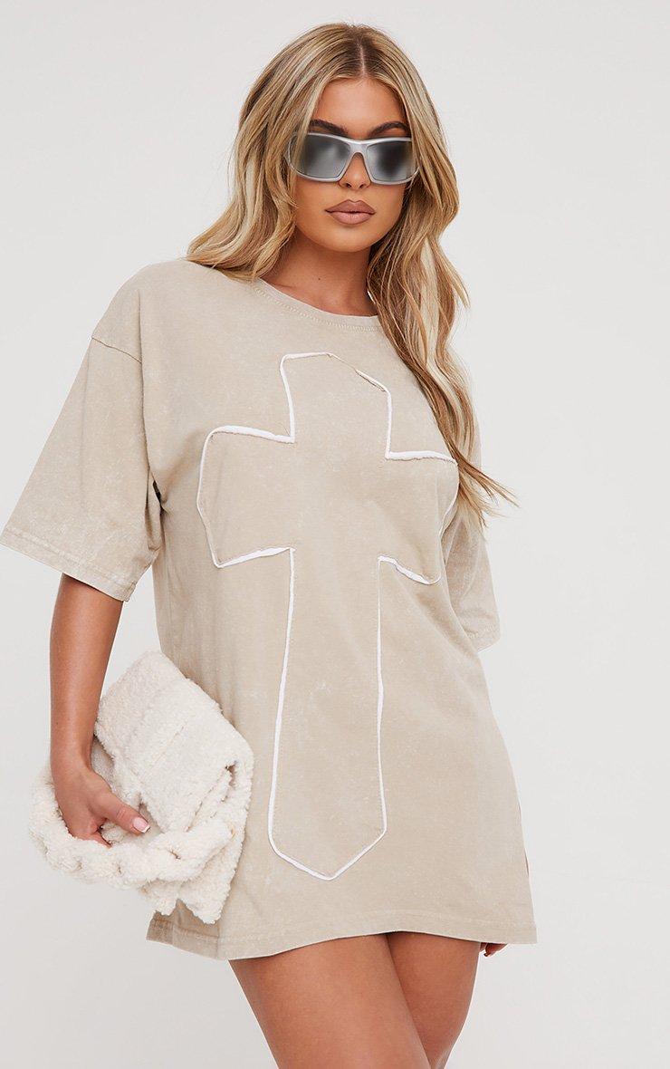 sachin and babi light blue dress Cross Patch Detail Oversized T-Shirt Dress In Stone Acid Wash | EGO US