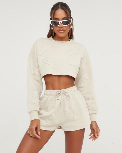 Buy Boohoo Ribbed Square Neck Bralette & Shorts In Beige