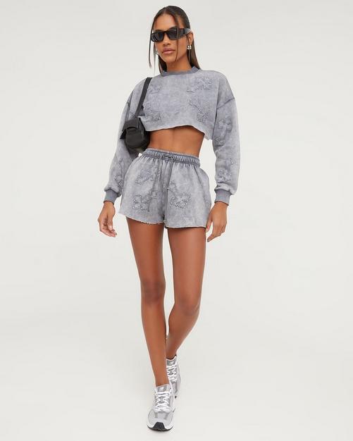 Womens Lilac Co-ord Printed Acid Wash Shorts