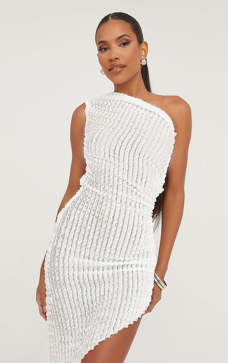 One Shoulder Asymmetric Midi Dress In White Shirred | EGO US | EGO