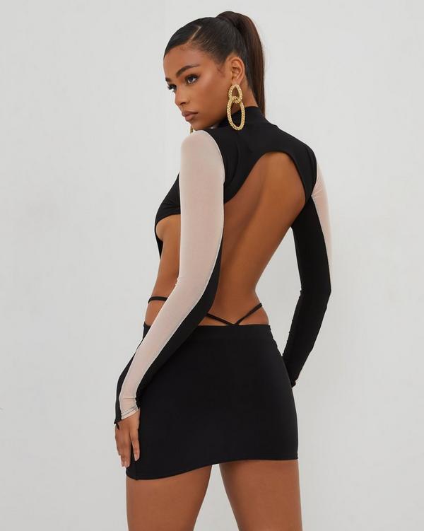 Black Thigh Split Panelled Bodycon Dress