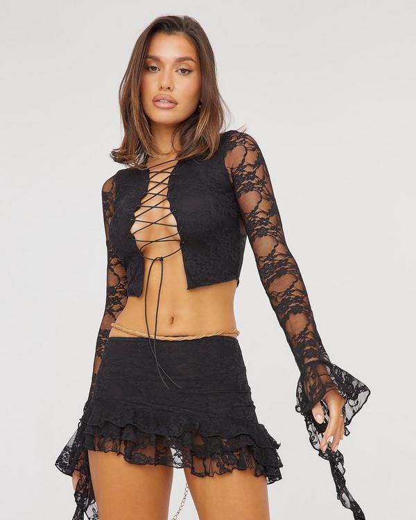 Lace Strappy Cupped Open Front Crop Top Black