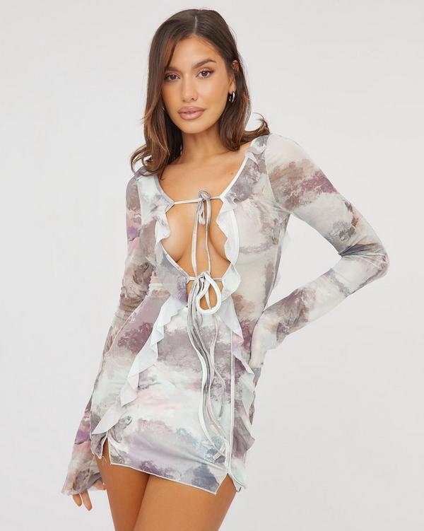Long Sleeve Frill Tie Detail Plunge Mini Dress In Ivory Print Mesh