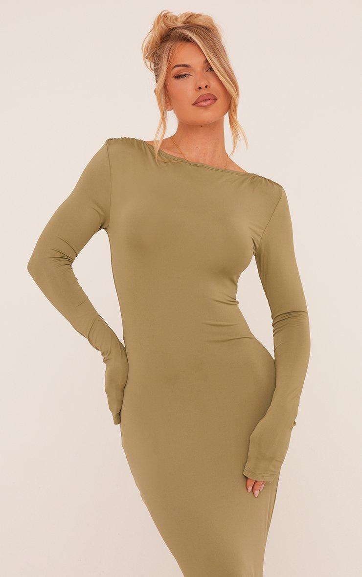 Long Sleeve Ruched Front Maxi Dress In Khaki Green Slinky | EGO US | EGO
