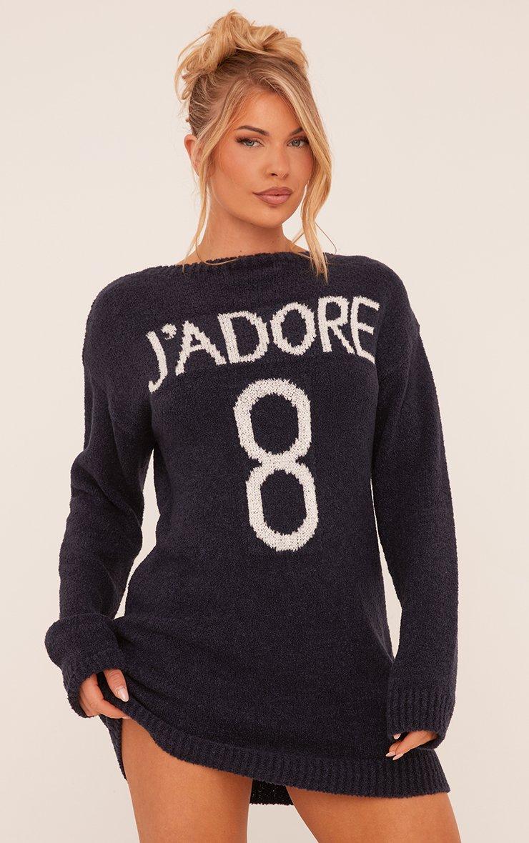 Long Sleeve J'Adore 8 Graphic Jumper Dress In Navy Blue Boucle Knit | EGO  US | EGO