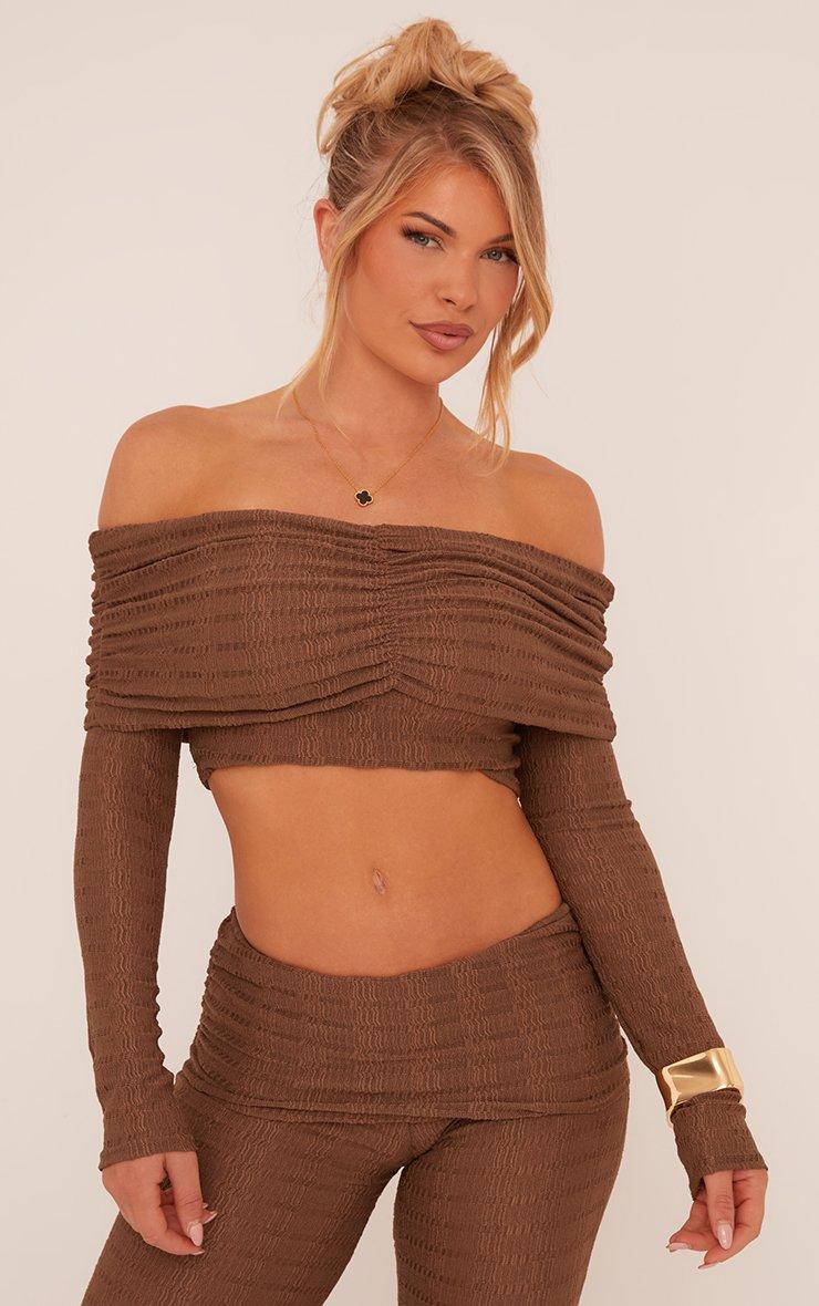 Fold Over Bardot Ruched Front Crop Top In Brown Texture