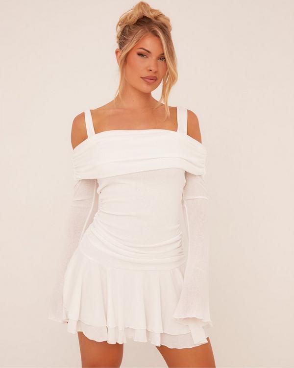 Bardot Ruched Flippy Hem Mini Dress In White Mesh EGO