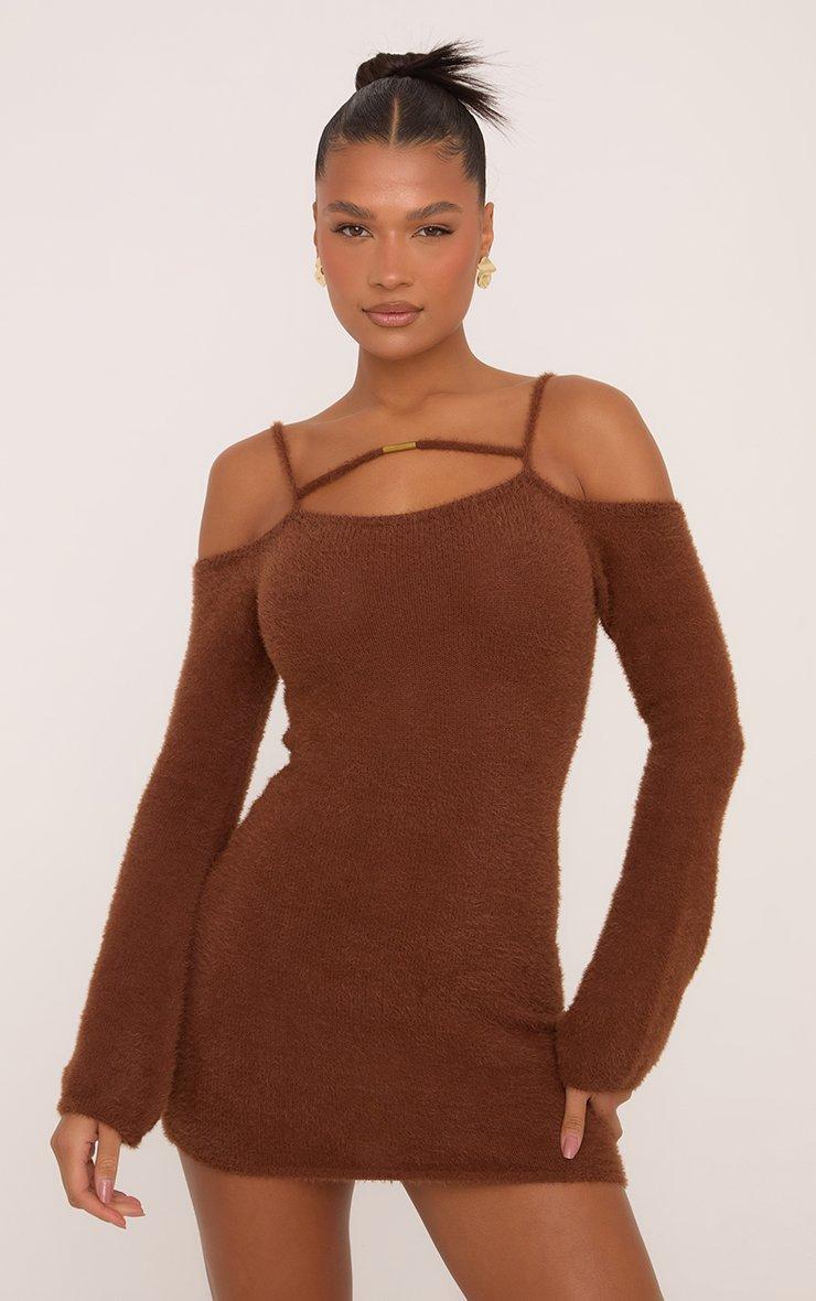 fluffy brown dress Rent ASOS DESIGN Fluffy V Neck Mini Dress With Tie Waist And Tie Back  Detail In Brown main image 1