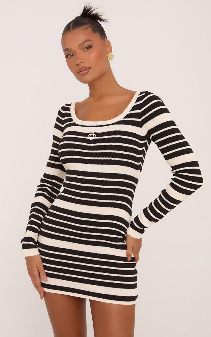 Long Sleeve Square Neck Embroidered Logo Mini Dress In Black Stripe Knit |  EGO AU | EGO