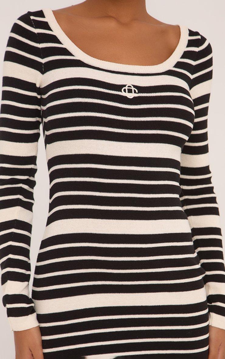 Long Sleeve Square Neck Embroidered Logo Mini Dress In Black Stripe Knit |  EGO US | EGO