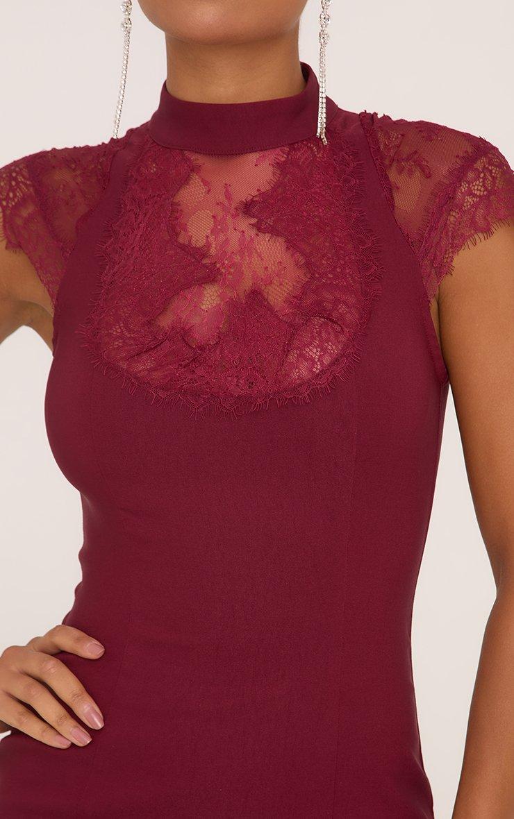 Capped Sleeve High Neck Lace Trim Detail Mini Bodycon Dress In Burgundy |  EGO US | EGO