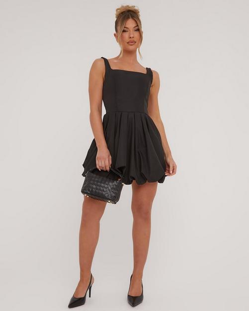 Bandeau Buckle Detail Pleated Mini Dress In Black Woven