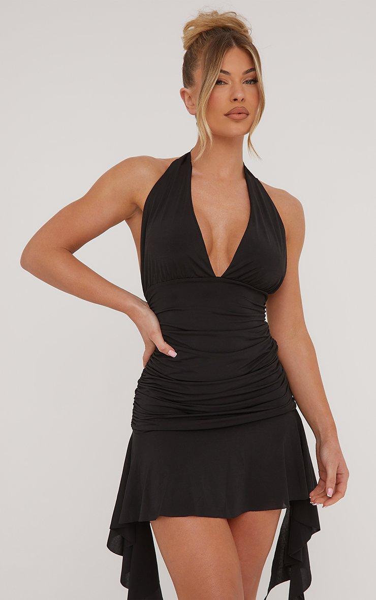 Plunge Halterneck Ruched Frill Detail Mini Dress In Black Slinky | EGO US |  EGO
