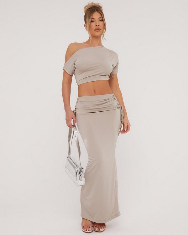 Ruched Detail Asymmetric Crop Top And Low Rise Foldover Waistband Maxi  Skirt Co-Ord Set In Beige