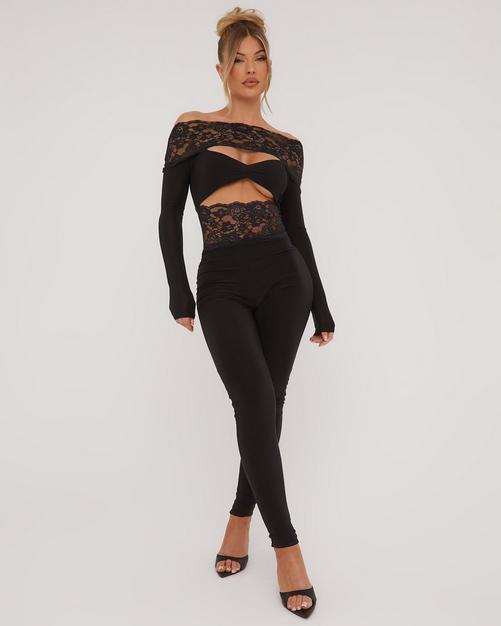 Black Ribbed Lace Trim Long Sleeve Flared Leg Jumpsuit