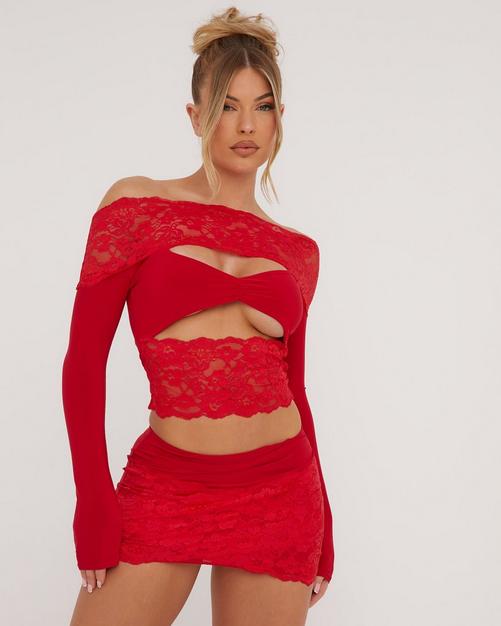 Red Lace Long Sleeve Tie Front Shirt, Tops