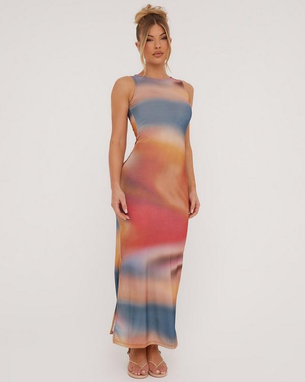 High Neck Split Leg Sleeveless Maxi Dress In Multi Mesh