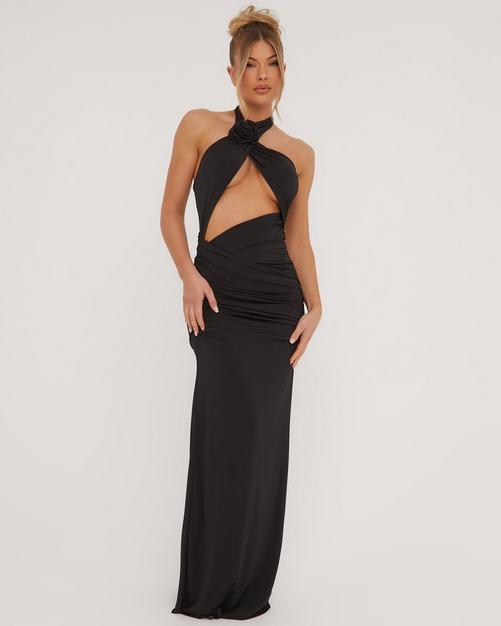 Black One Shoulder Extreme Leg Split Maxi Dress