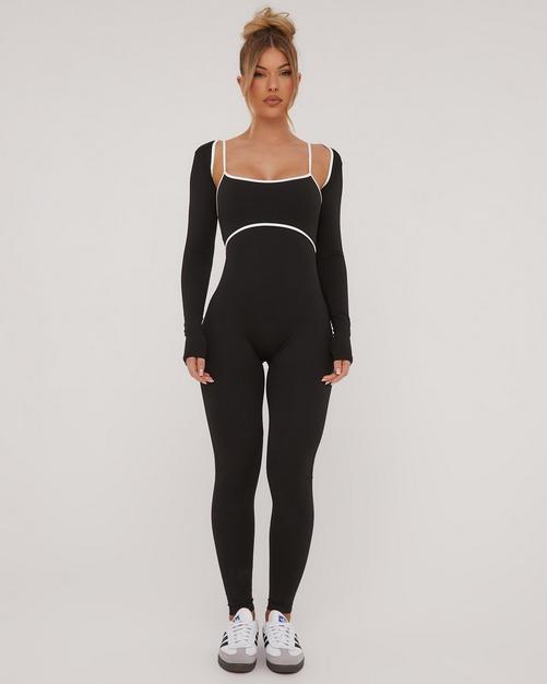 Long Sleeve Plunge Neck Boning Zip Up Detail Seamless Jumpsuit In