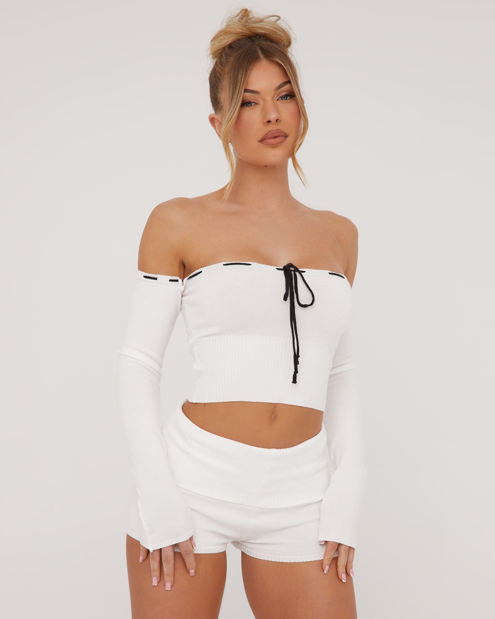 white bardot long sleeve crop top