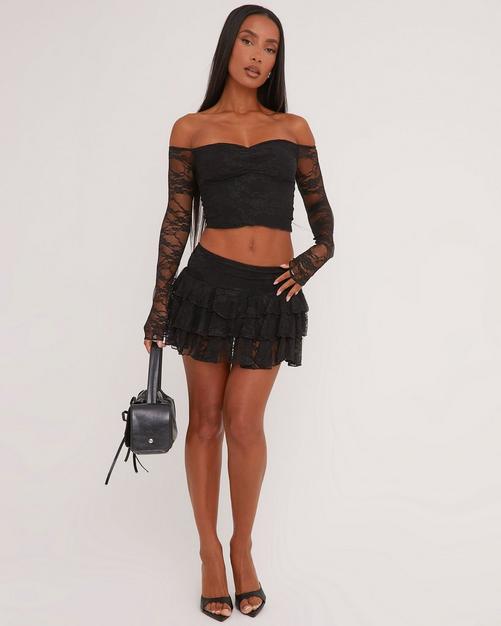 Bardot Crop Top In Black Lace