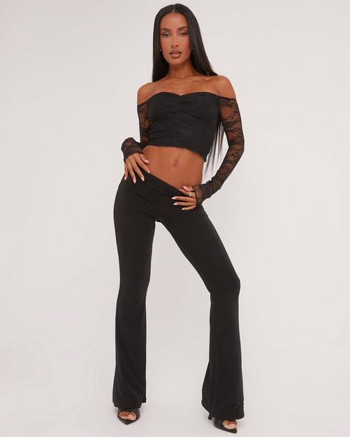 Rib Fold Over Pants - Black