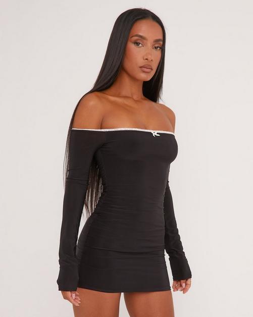 Black Textured Slinky One Shoulder Bralet Detail Bodycon Dress