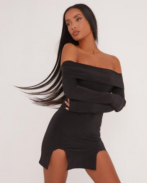 Black Slinky Ruched Drape Split Leg Maxi Dress