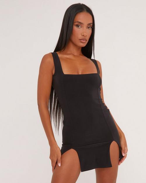 Long Sleeve Backless Thong Detail Mini Bodycon Dress In Black