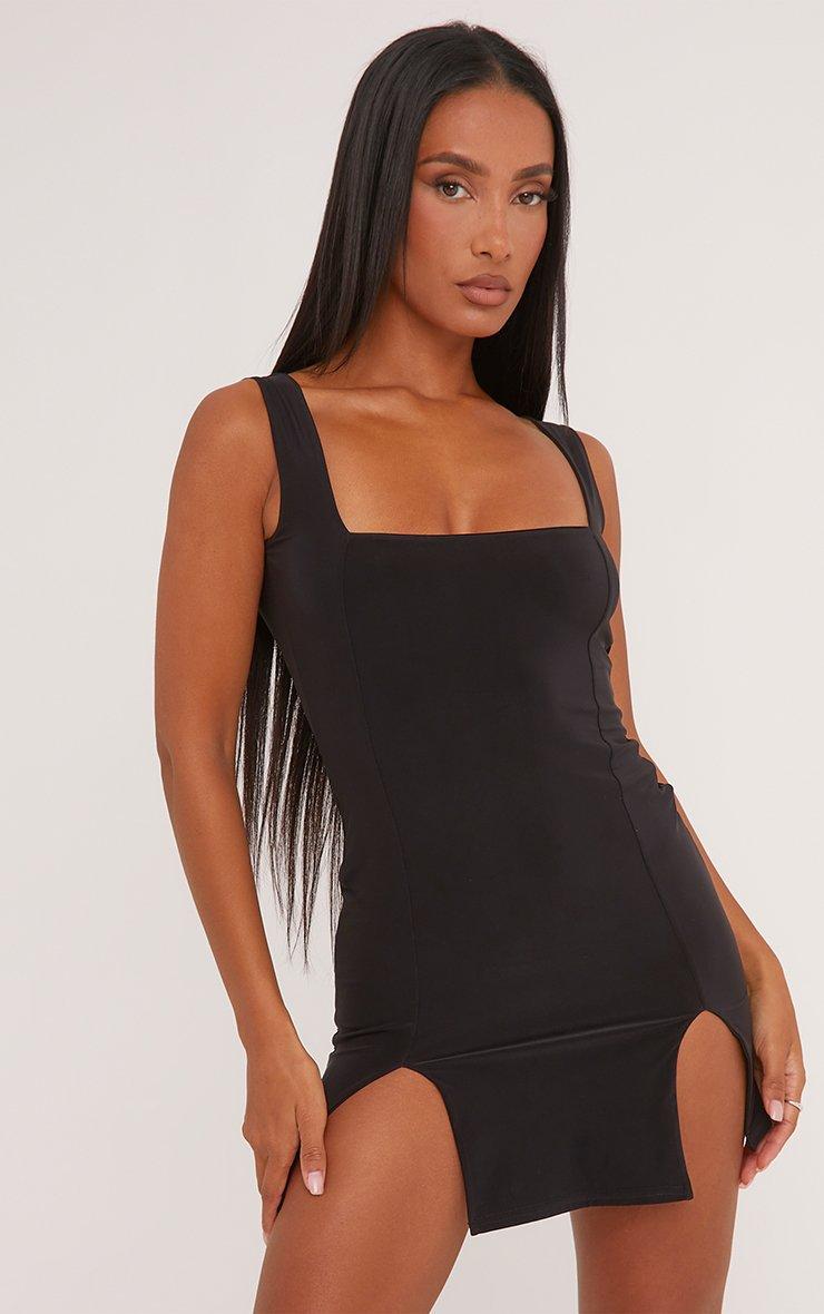 Square Neck Open Back Split Leg Detail Mini Dress In Black Slinky | EGO US  | EGO
