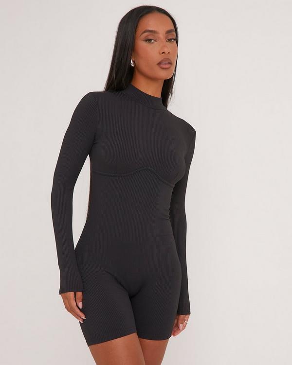 Black Rib High Neck Long Sleeve Bodysuit