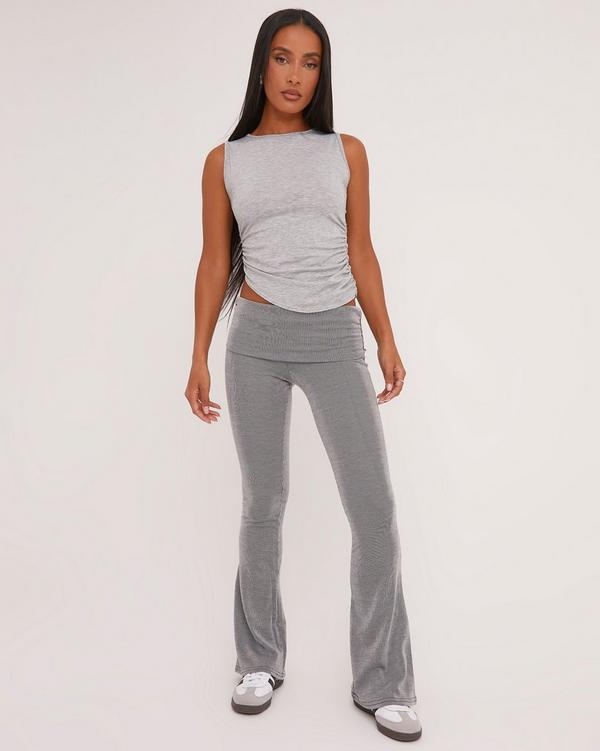 Fold Over Waist Flared Trousers In Grey Contrast Rib