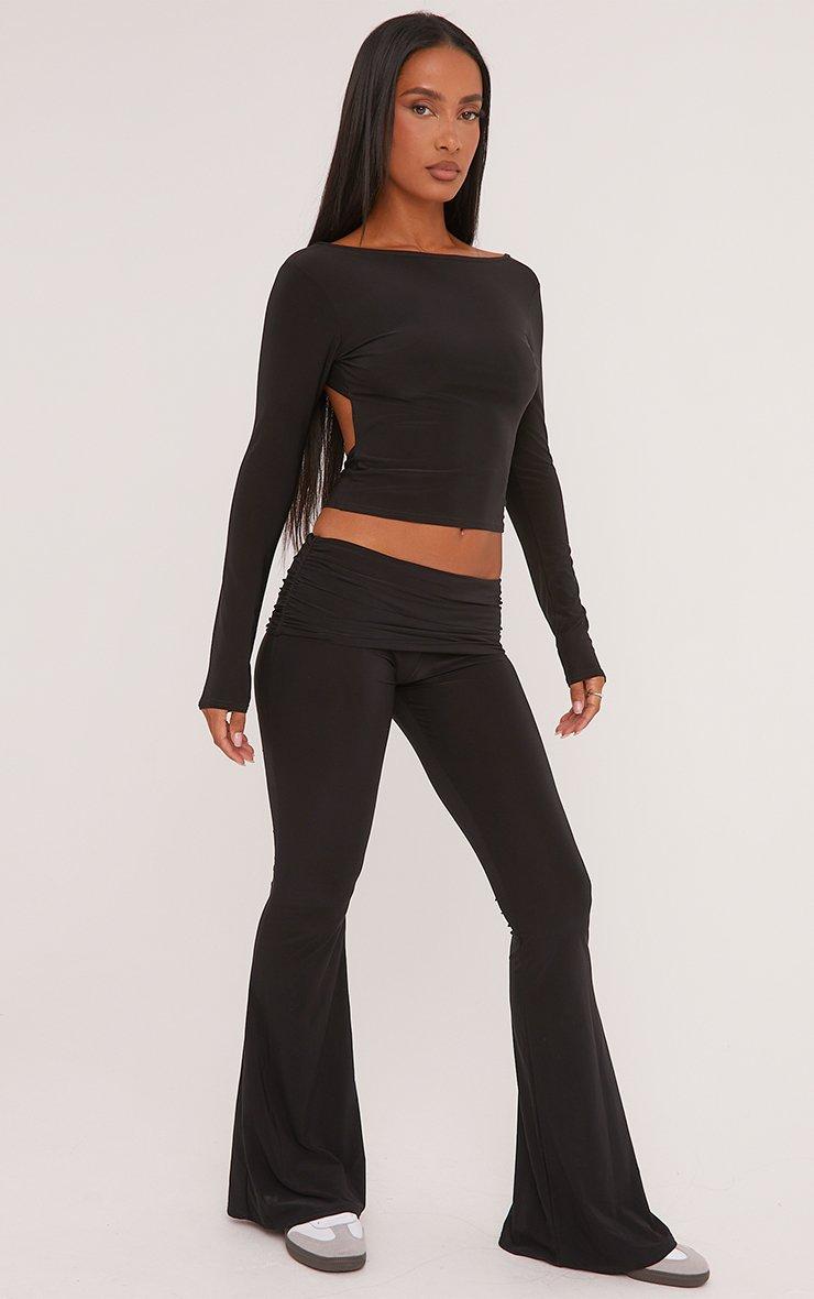 Fold Over Waistband Detail Flared Trousers In Black Slinky | EGO