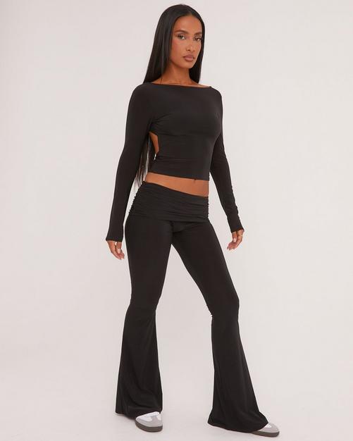 Fold Over Waist Flared Trousers In Grey Contrast Rib