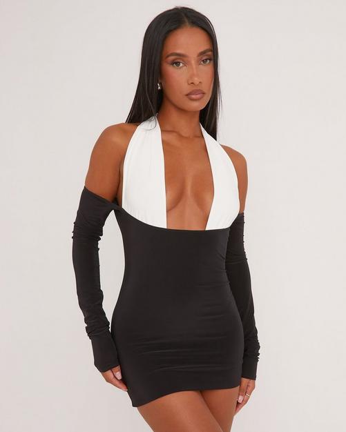 Long Sleeve Strappy Ruched Detail Mini Bodycon Dress In Black Slinky