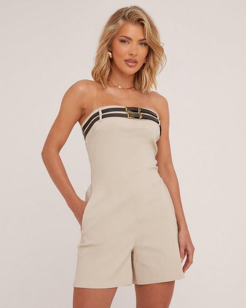 Long Sleeve Plunge Strappy Waist Playsuit In Contrast Stone Knit EGO