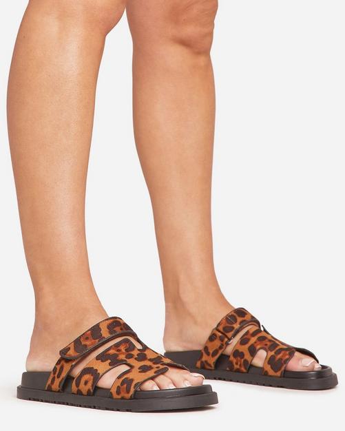 Valerie Gladiator Velcro Strap Flat Slider Sandal In Leopard Print Faux Suede - Discount £11