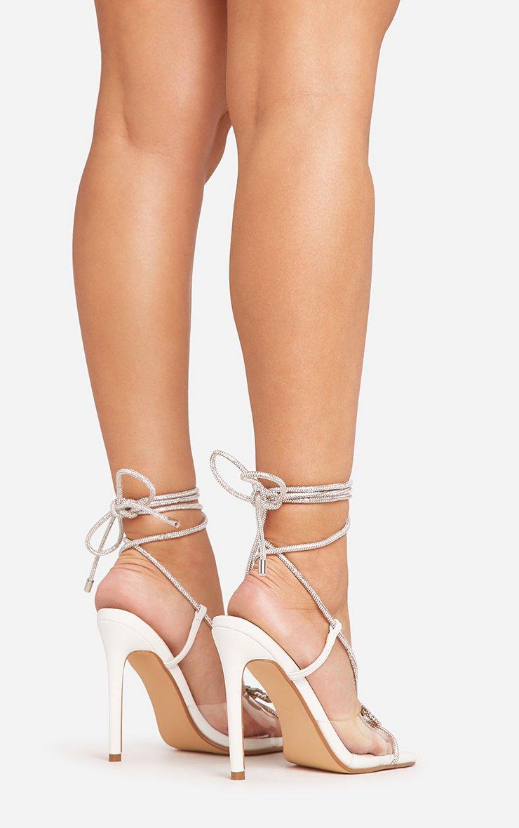Alta Lace Up Diamante Bow Detail Clear Perspex Strap Square Toe Stiletto  Heel In White Faux Leather | EGO US | EGO