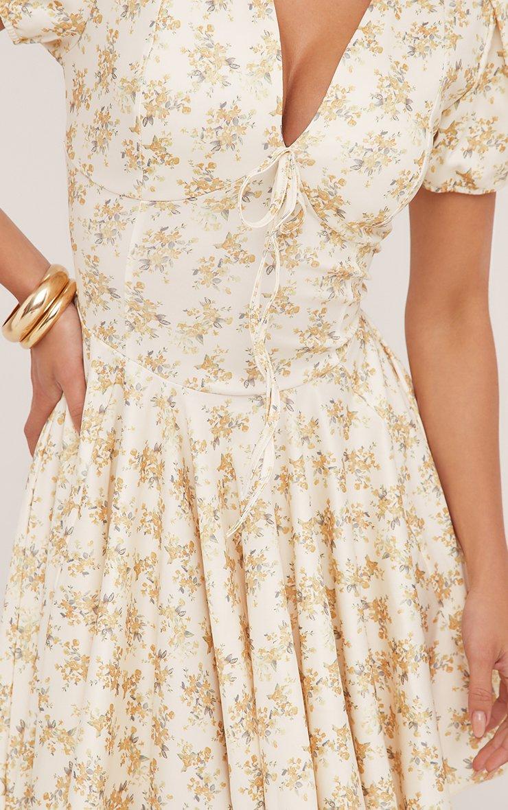 Short Sleeve Plunge Mini Skater Dress In Yellow Ditsy Floral Print | EGO US  | EGO